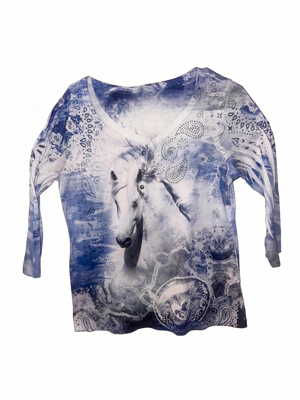 Live and Let Live Bling Western Long Sleeve Top Blue White Sz Large stretchy